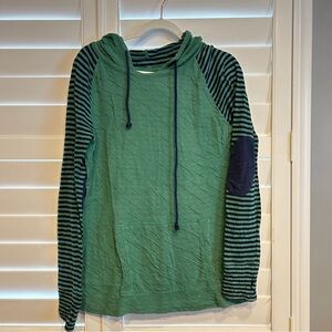 Evy’s Tree Stripe Sleeved Hoodie Hooded Sweatshirt Elbow Patches Green Navy